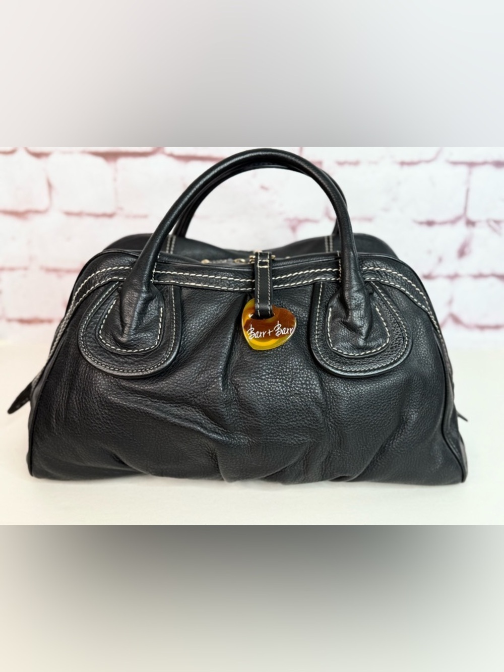 BARR + BARR Black Pebbled Leather White Stitching Large Doctor Bag Satchel NWOT - Picture 2 of 15